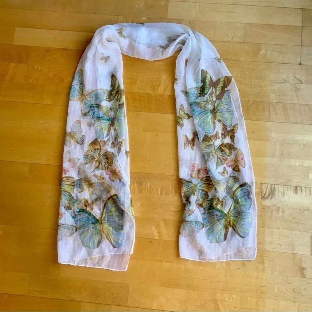 Butterfly Print Sheer, Lightweight Scarf, Ivory, Cream, Ecru, Colorful